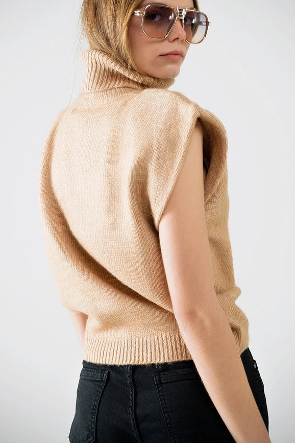 Cozy Turtleneck Sleeveless Sweater in Camel-Sweater-Q2-S-Beige-Urbanheer