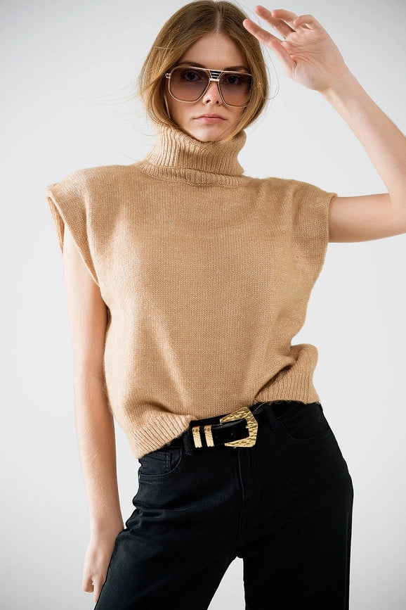 Cozy Turtleneck Sleeveless Sweater in Camel-Sweater-Q2-S-Beige-Urbanheer