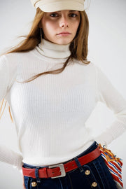 Cream Basic Ribbed Sweater with High Neck-Sweater-Q2-S-White-Urbanheer