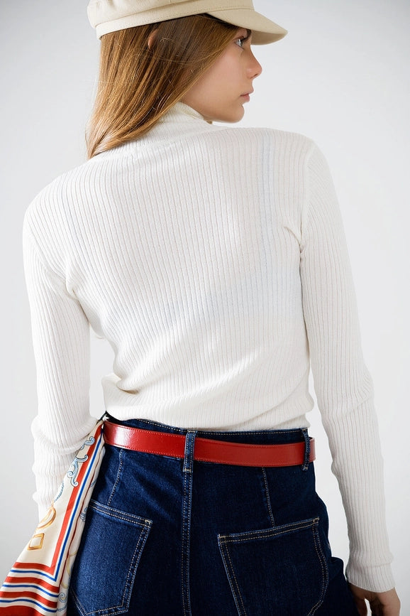 Cream Basic Ribbed Sweater with High Neck-Sweater-Q2-S-White-Urbanheer