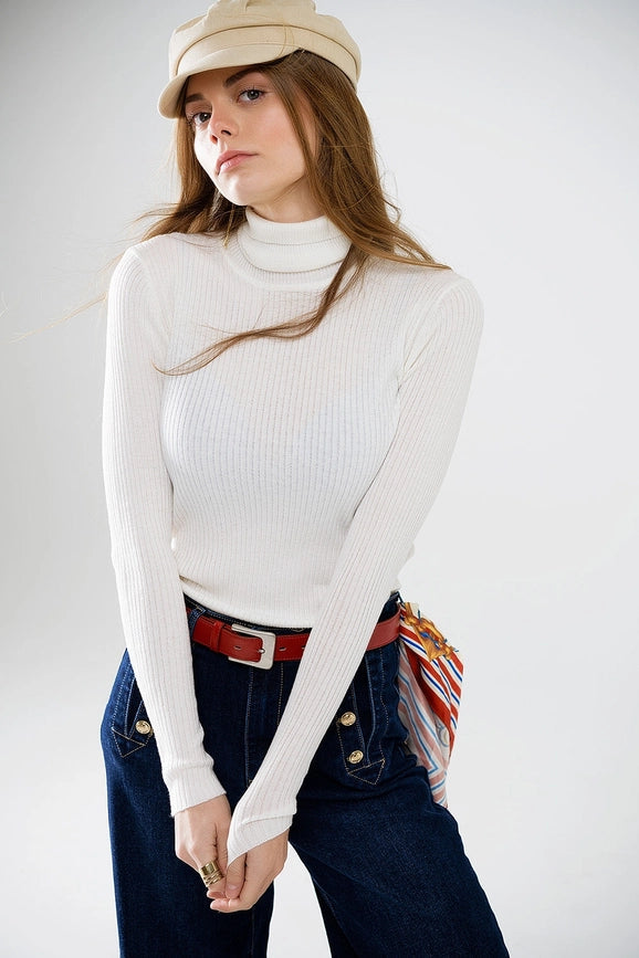 Cream Basic Ribbed Sweater with High Neck-Sweater-Q2-S-White-Urbanheer