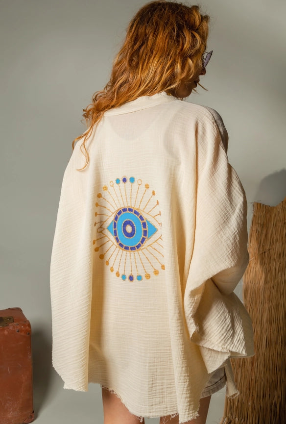 Cream Celestial Evil Eye Muslin Kimono Robe / Poncho-Kimono-Moa-L:29" inch-74cm W:39" inch-100cm-Beige-Urbanheer