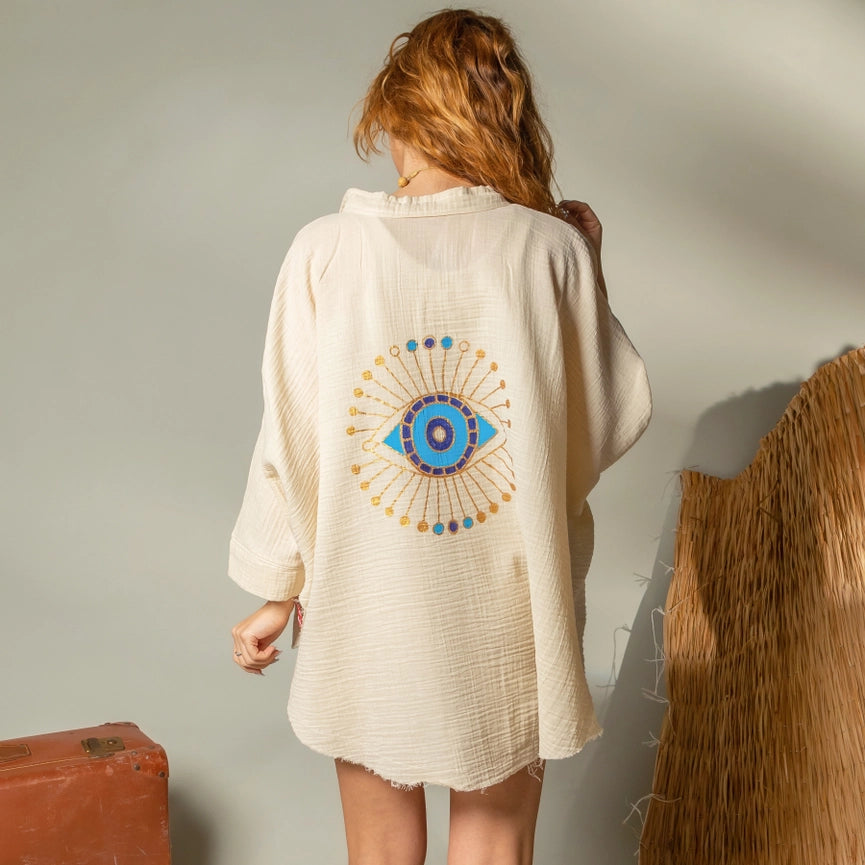 Cream Celestial Evil Eye Muslin Kimono Robe / Poncho-Kimono-Moa-L:29" inch-74cm W:39" inch-100cm-Beige-Urbanheer