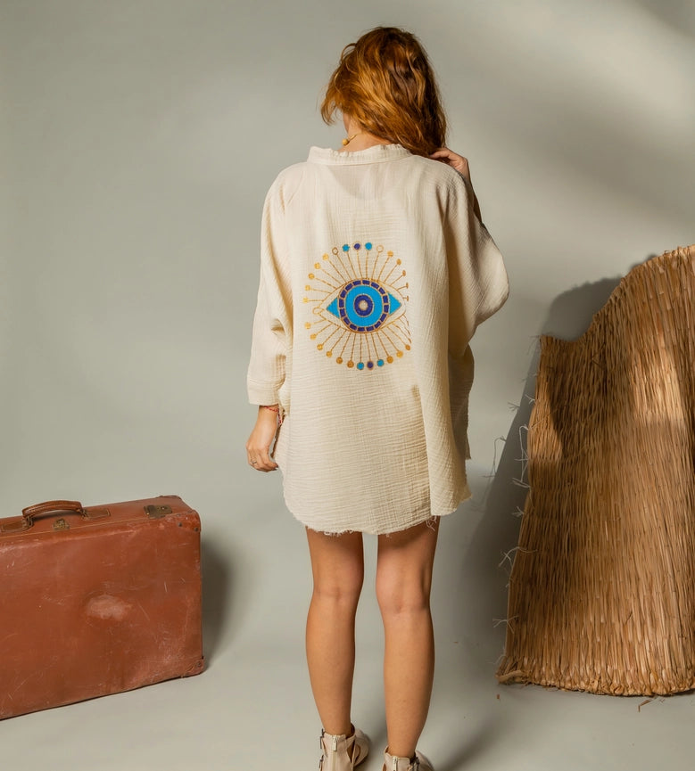 Cream Celestial Evil Eye Muslin Kimono Robe / Poncho-Kimono-Moa-L:29" inch-74cm W:39" inch-100cm-Beige-Urbanheer
