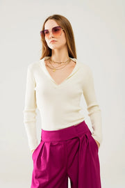 Cream Collared Rib Sweater with Long Sleeves-Sweater-Q2-S-CREAM-Urbanheer