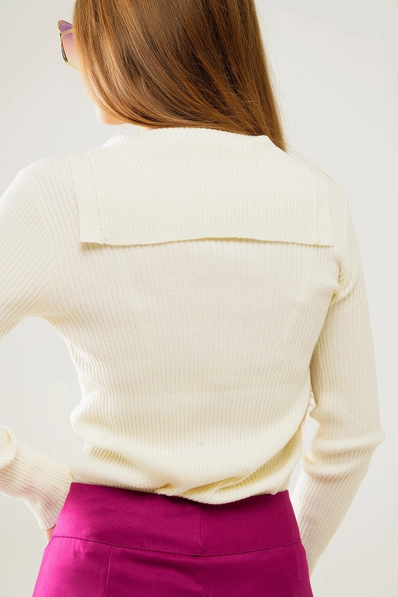 Cream Collared Rib Sweater with Long Sleeves-Sweater-Q2-S-CREAM-Urbanheer