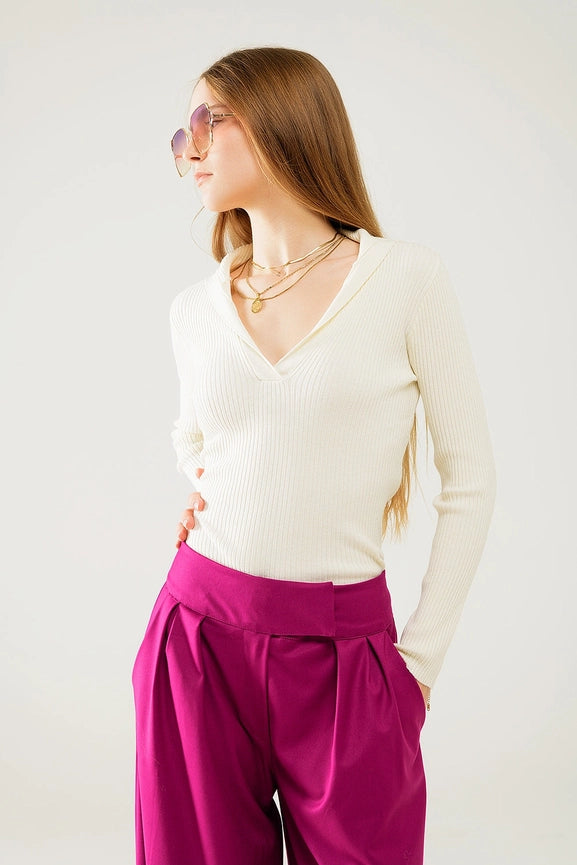 Cream Collared Rib Sweater with Long Sleeves-Sweater-Q2-S-CREAM-Urbanheer
