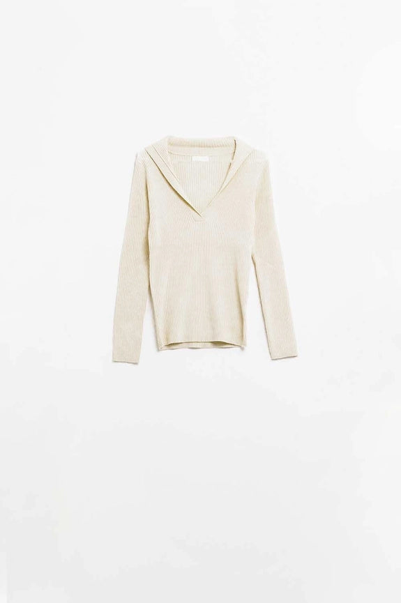 Cream Collared Rib Sweater with Long Sleeves-Sweater-Q2-S-CREAM-Urbanheer