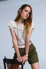 Cream Croched Short Sleeve Sweater with Boat Neck-Sweater-Q2-L-White-Urbanheer