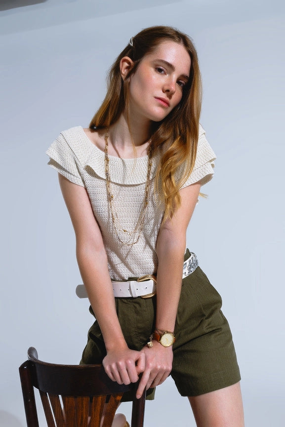 Cream Croched Short Sleeve Sweater with Boat Neck-Sweater-Q2-L-White-Urbanheer