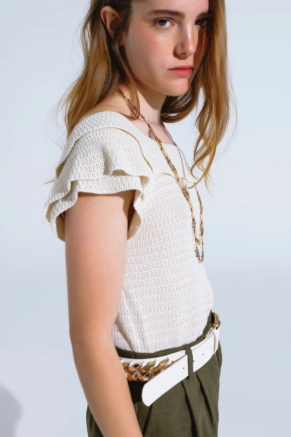 Cream Croched Short Sleeve Sweater with Boat Neck-Sweater-Q2-L-White-Urbanheer