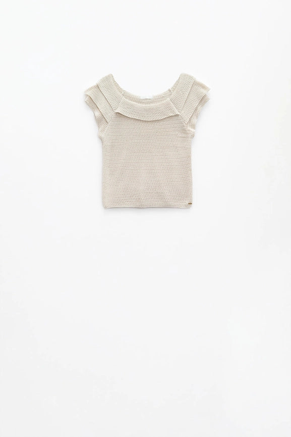 Cream Croched Short Sleeve Sweater with Boat Neck-Sweater-Q2-L-White-Urbanheer