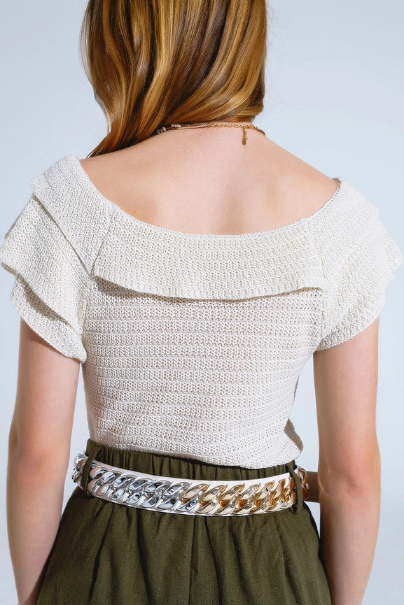 Cream Croched Short Sleeve Sweater with Boat Neck-Sweater-Q2-L-White-Urbanheer