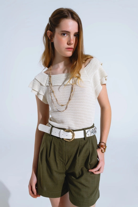 Cream Croched Short Sleeve Sweater with Boat Neck-Sweater-Q2-L-White-Urbanheer
