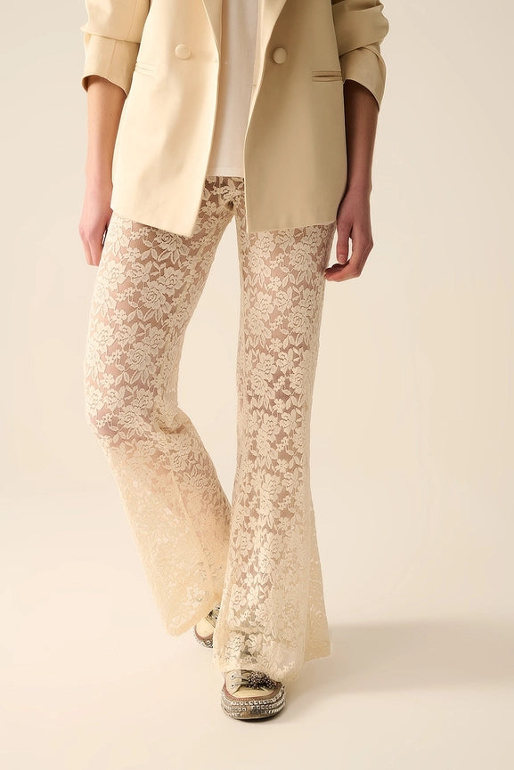 Cream Flare Pants in Floral Lace-Pants-Q2-S-CREAM-Urbanheer