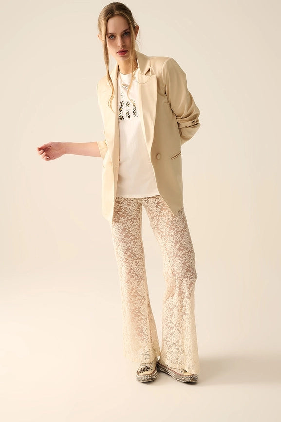 Cream Flare Pants in Floral Lace-Pants-Q2-S-CREAM-Urbanheer