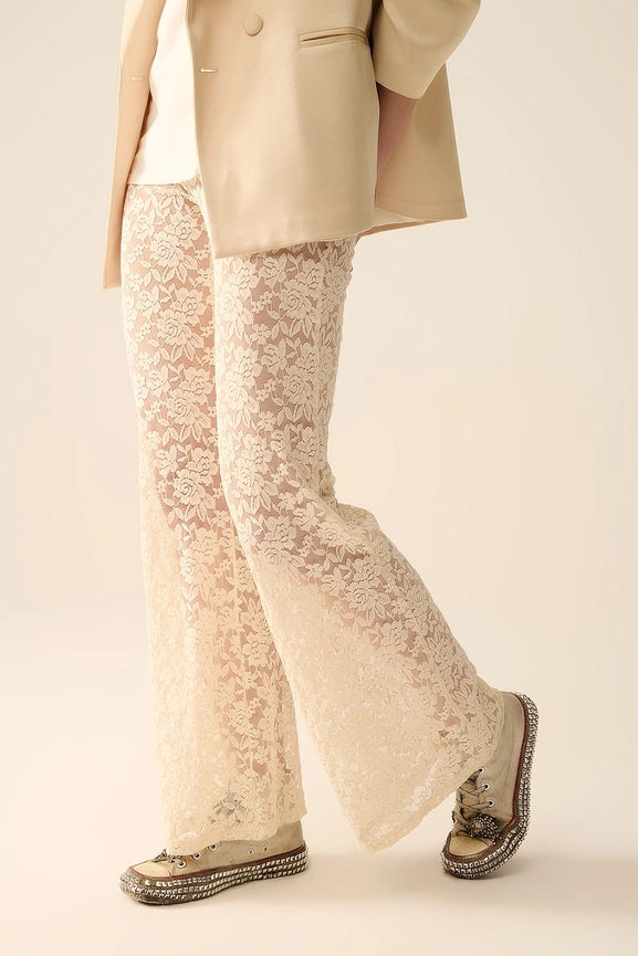 Cream Flare Pants in Floral Lace-Pants-Q2-S-CREAM-Urbanheer