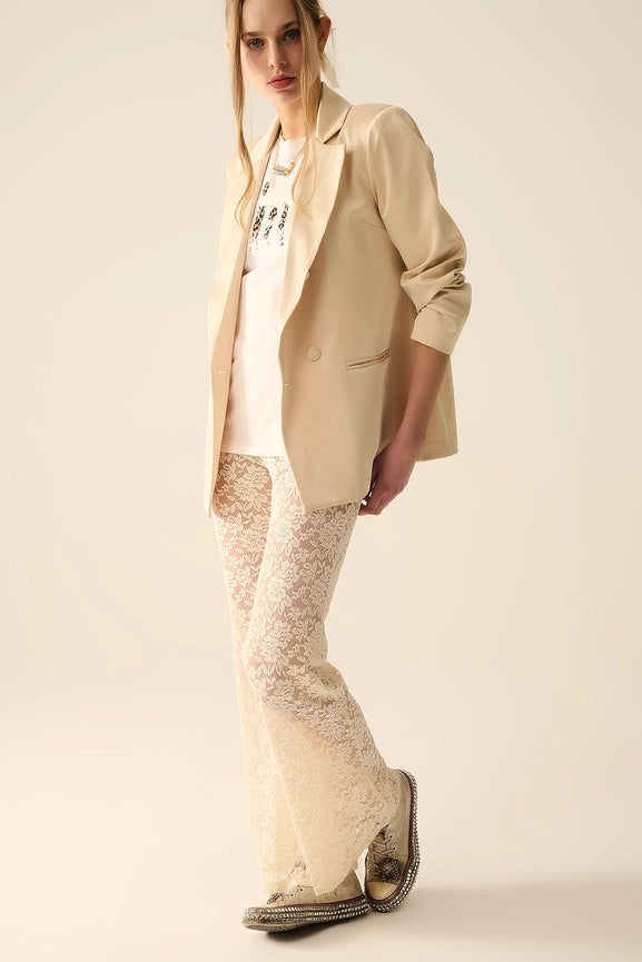 Cream Flare Pants in Floral Lace-Pants-Q2-S-CREAM-Urbanheer