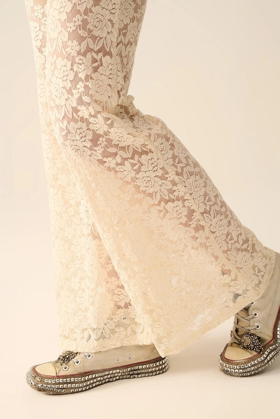 Cream Flare Pants in Floral Lace-Pants-Q2-S-CREAM-Urbanheer