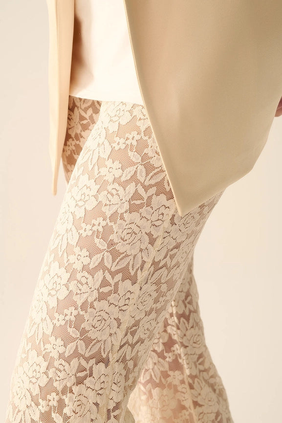 Cream Flare Pants in Floral Lace-Pants-Q2-S-CREAM-Urbanheer