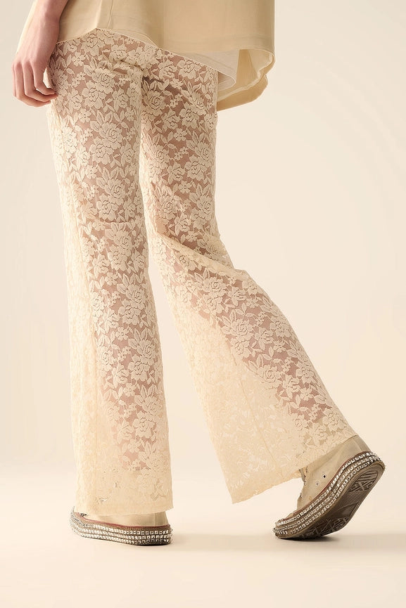 Cream Flare Pants in Floral Lace-Pants-Q2-S-CREAM-Urbanheer