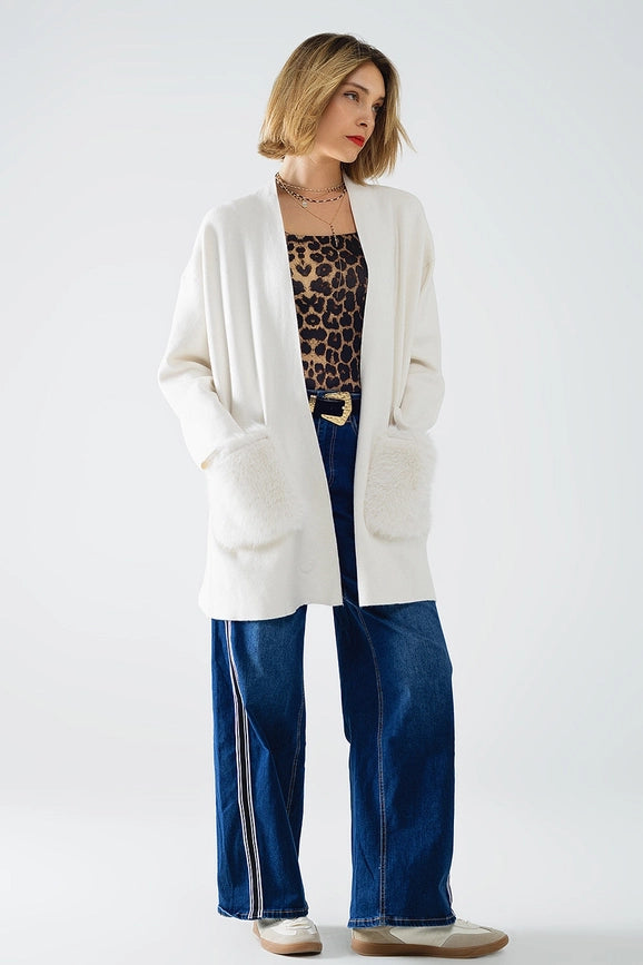 Cream High Quality Knitted Maxi Cardigan with Fur Pockets-Cardigan-Q2-OS-White-Urbanheer