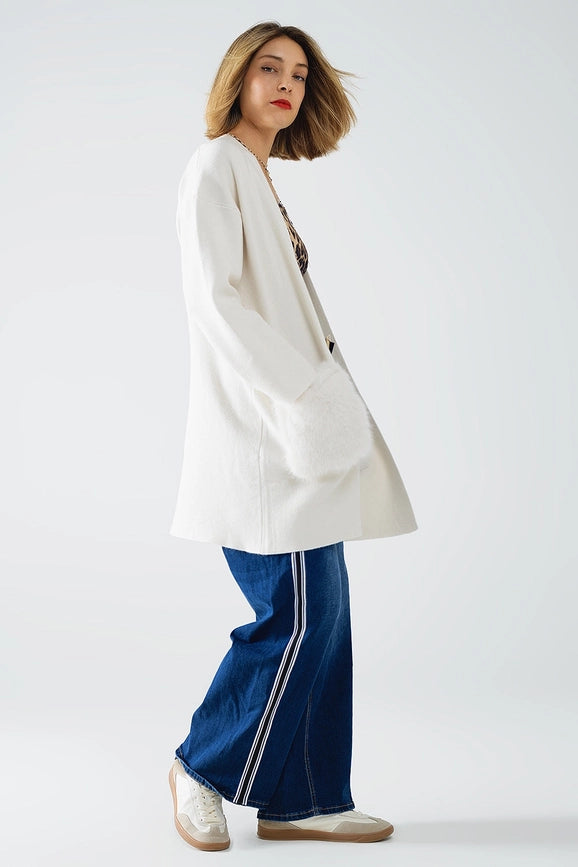 Cream High Quality Knitted Maxi Cardigan with Fur Pockets-Cardigan-Q2-OS-White-Urbanheer