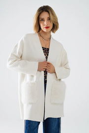 Cream High Quality Knitted Maxi Cardigan with Fur Pockets-Cardigan-Q2-OS-White-Urbanheer