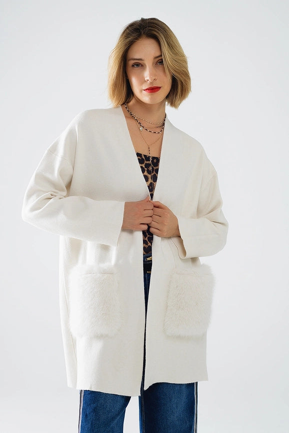 Cream High Quality Knitted Maxi Cardigan with Fur Pockets-Cardigan-Q2-OS-White-Urbanheer