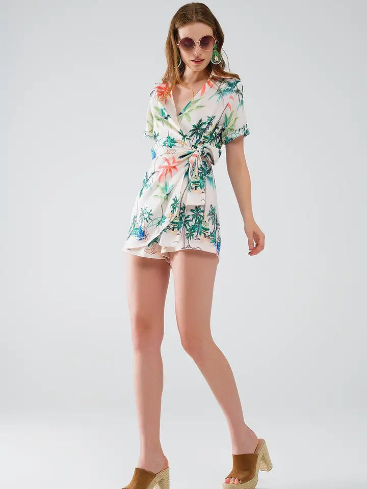 Cream Jumpsuit with Beach Print and Crossed Top-Jumpsuit-Q2-S-Beige-Urbanheer