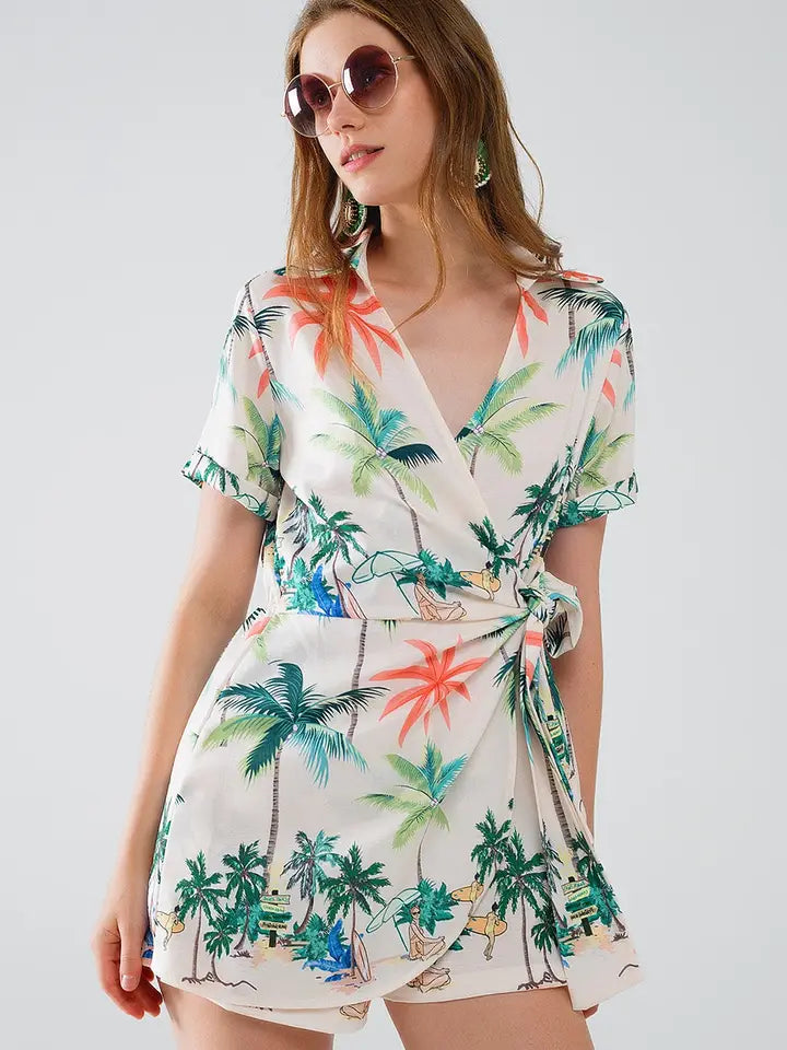 Cream Jumpsuit with Beach Print and Crossed Top-Jumpsuit-Q2-S-Beige-Urbanheer