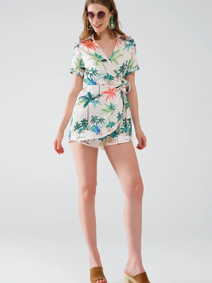 Cream Jumpsuit with Beach Print and Crossed Top-Jumpsuit-Q2-S-Beige-Urbanheer