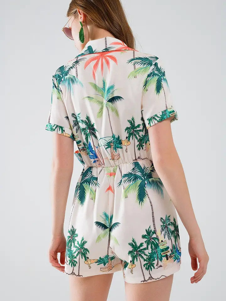 Cream Jumpsuit with Beach Print and Crossed Top-Jumpsuit-Q2-S-Beige-Urbanheer