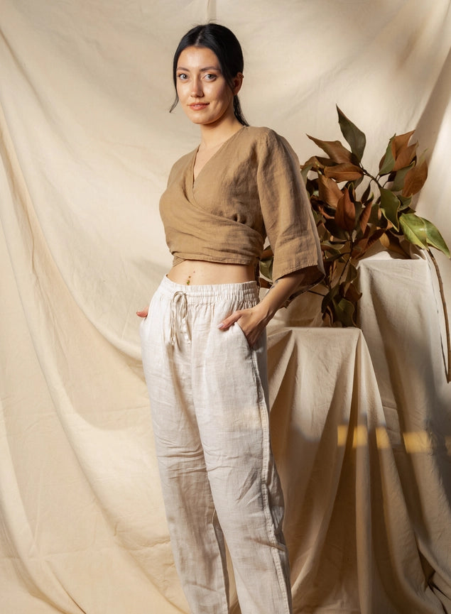 Cream Linen Wrap Crop Top-Top-Moa-Camel-Urbanheer