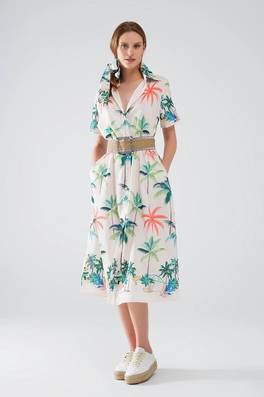 Cream Midi Dress with Beach Print and Polo Collar-Dress-Q2-S-Beige-Urbanheer