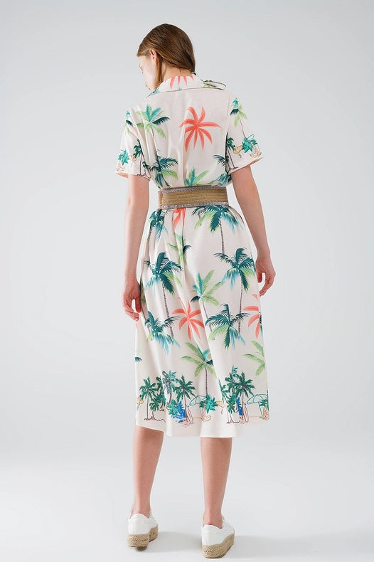 Cream Midi Dress with Beach Print and Polo Collar-Dress-Q2-S-Beige-Urbanheer
