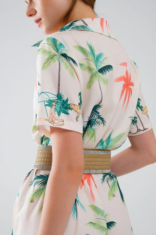 Cream Midi Dress with Beach Print and Polo Collar-Dress-Q2-S-Beige-Urbanheer