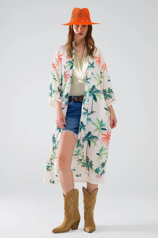 Cream Open Kimono with Beach Print in Midi Length-Kimono-Q2-S-Beige-Urbanheer
