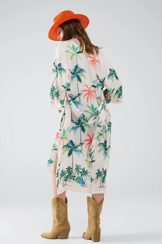 Cream Open Kimono with Beach Print in Midi Length-Kimono-Q2-S-Beige-Urbanheer