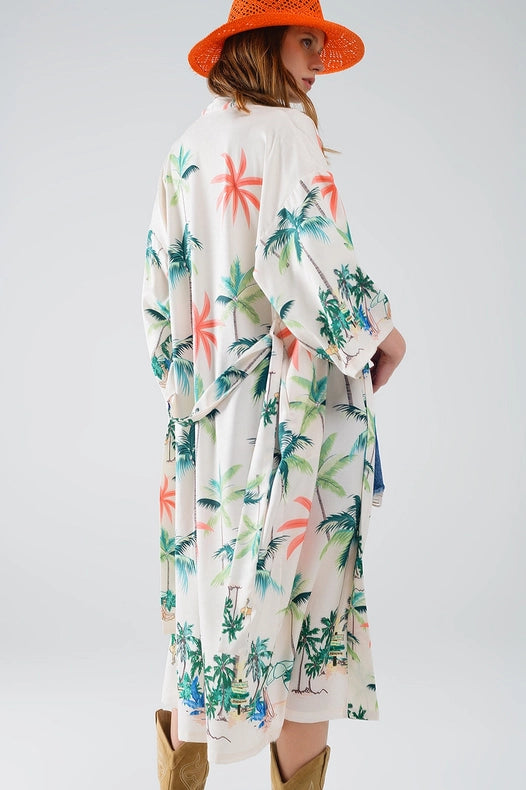Cream Open Kimono with Beach Print in Midi Length-Kimono-Q2-S-Beige-Urbanheer