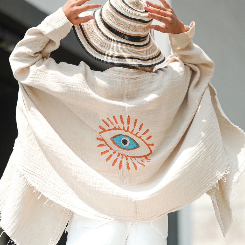 Cream Retro Evil Eye Muslin Kimono Robe / Poncho-Kimono-Moa-L:29" inch-74cm W:39" inch-100cm-Urbanheer