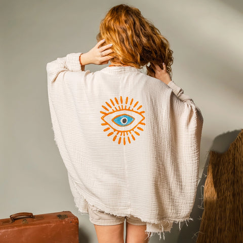 Cream Retro Evil Eye Muslin Kimono Robe / Poncho-Kimono-Moa-L:29" inch-74cm W:39" inch-100cm-Urbanheer