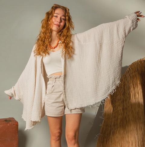Cream Retro Evil Eye Muslin Kimono Robe / Poncho-Kimono-Moa-L:29" inch-74cm W:39" inch-100cm-Urbanheer