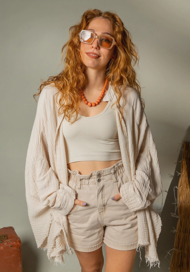 Cream Retro Evil Eye Muslin Kimono Robe / Poncho-Kimono-Moa-L:29" inch-74cm W:39" inch-100cm-Urbanheer