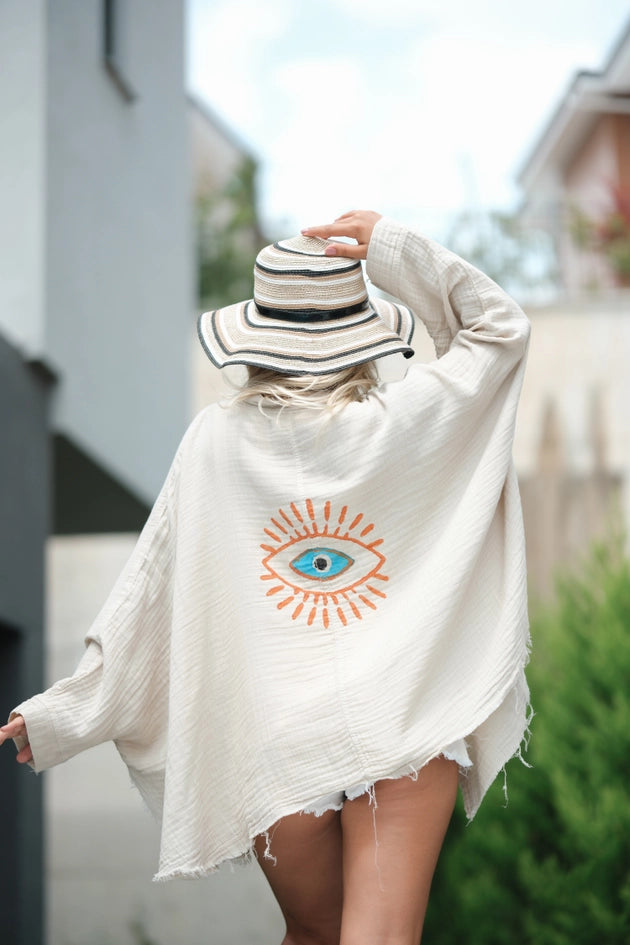 Cream Retro Evil Eye Muslin Kimono Robe / Poncho-Kimono-Moa-L:29" inch-74cm W:39" inch-100cm-Urbanheer