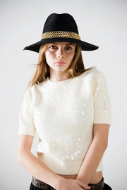 Cream Short Sleeve Sequin Sweater-Sweater-Q2-S-White-Urbanheer