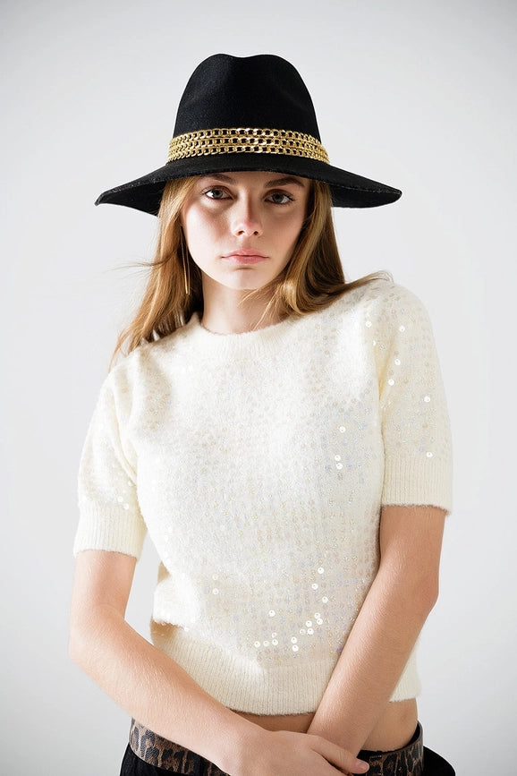 Cream Short Sleeve Sequin Sweater-Sweater-Q2-S-White-Urbanheer