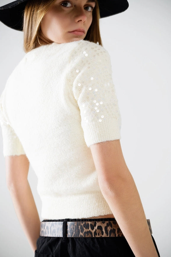 Cream Short Sleeve Sequin Sweater-Sweater-Q2-S-White-Urbanheer