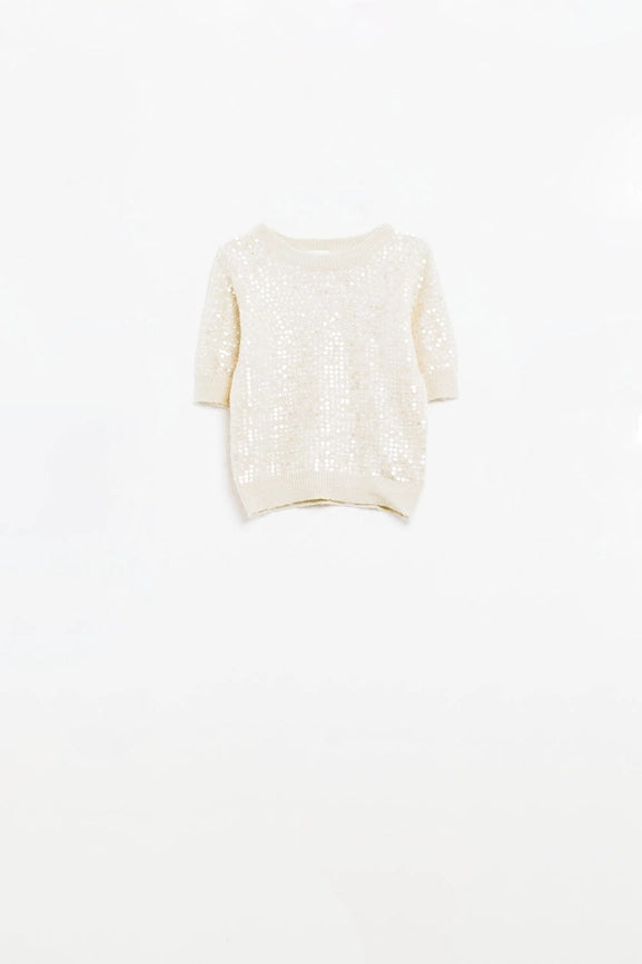 Cream Short Sleeve Sequin Sweater-Sweater-Q2-S-White-Urbanheer