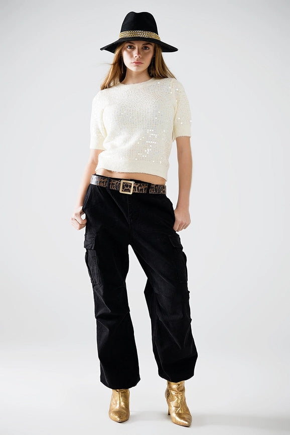 Cream Short Sleeve Sequin Sweater-Sweater-Q2-S-White-Urbanheer